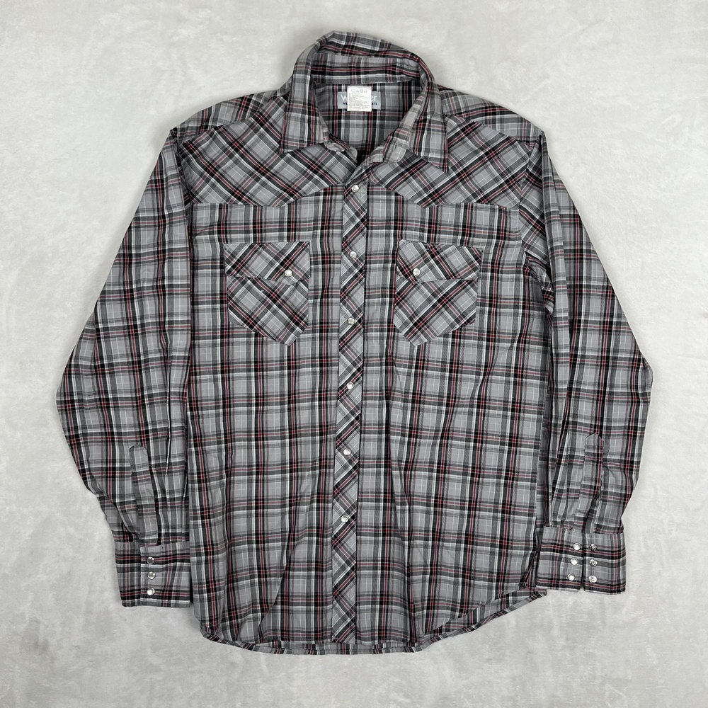 Wrangler Shirt Mens Large Gray Red Plaid Long Sleeve Western Snap Front Casual